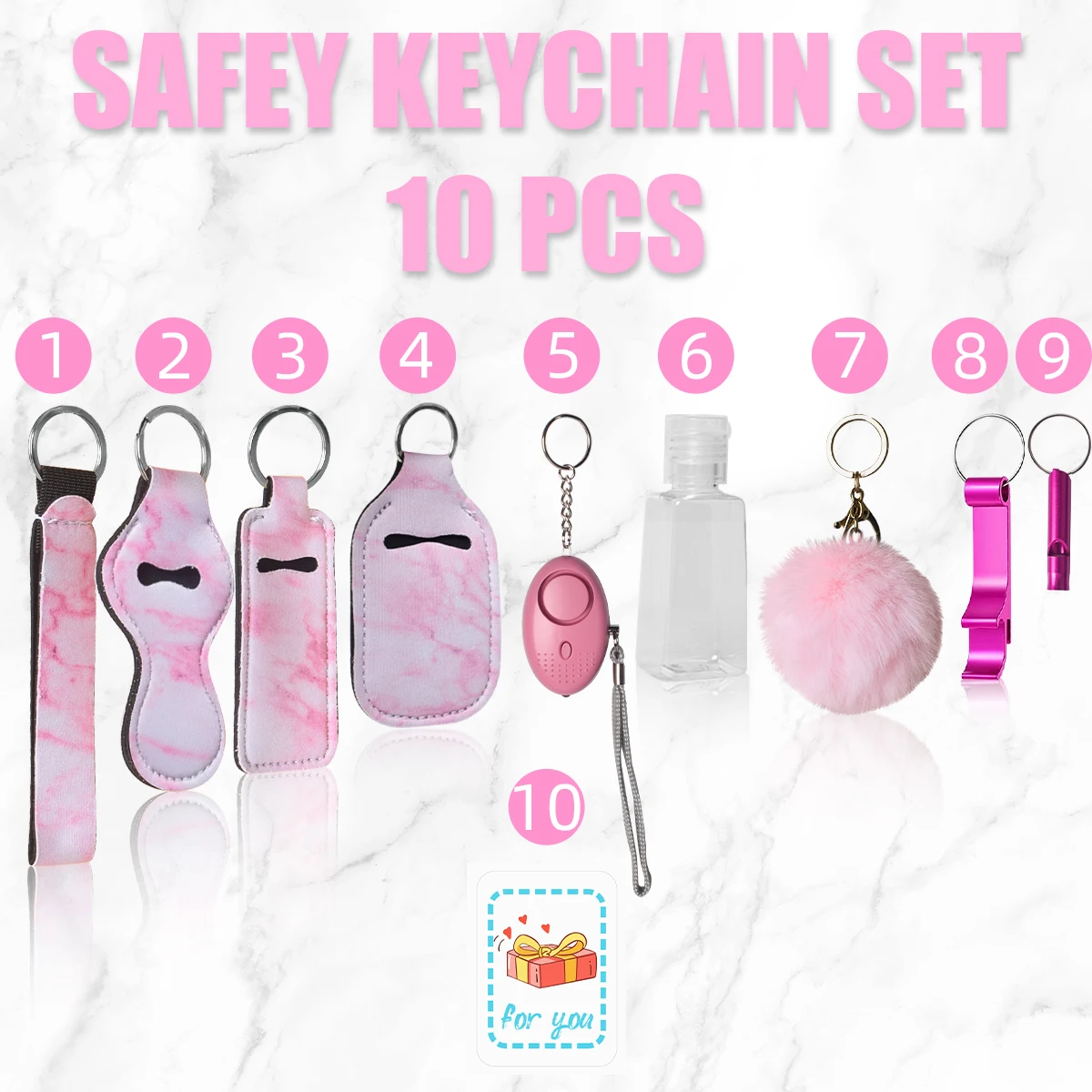 9PC/SET Self Defense Keychain Portable Girls\' Self-Protection Keychain Set for Women Alarm Safe Key Ring Best Anti-wolf Gift