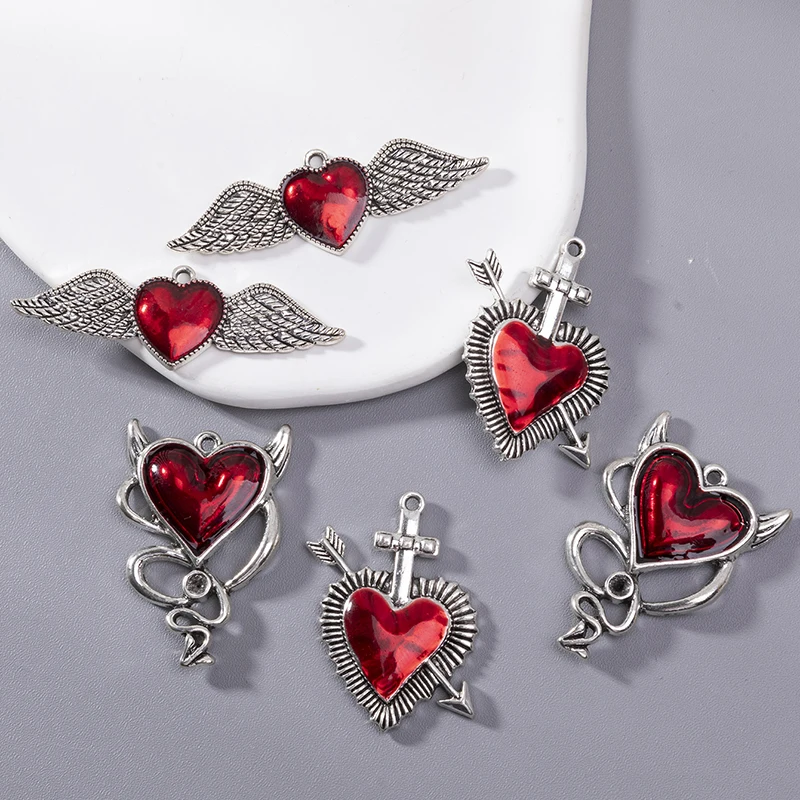 6PCS Baroque Love Heart Cross Red Crystal Alloy Charms Pendant For Women Girls DIY Earrings Accessories Decoration