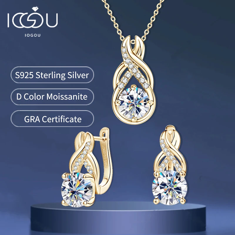 IOGOU Luxury 6.0CTW 8MM VVS1 Moissanite Jewelry Set 925 Silver Infinity Pendant Necklace Drop Hoop Earrings Sets for Women Gifts