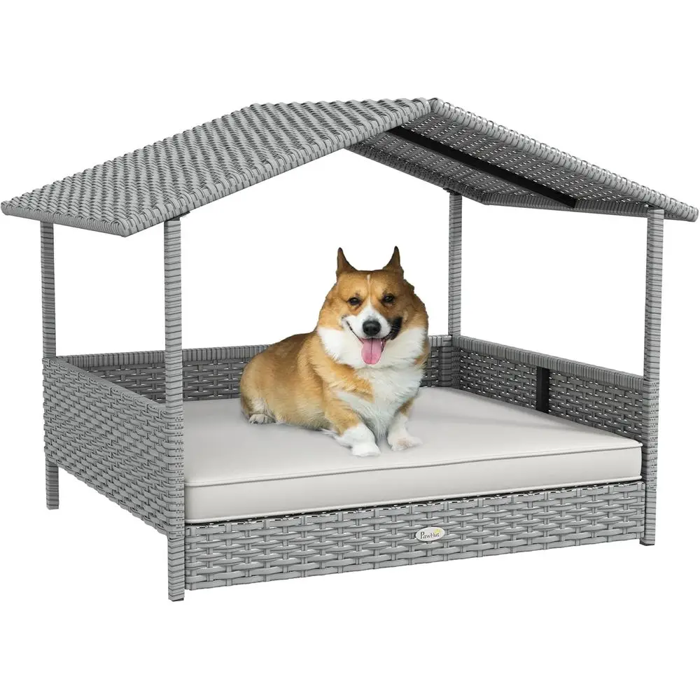 Outdoor Wicker Dog House with Rattan Bed and Water-Resistant Cushion for Small to Medium Breeds up to 66 lbs, 20 Length, Silver