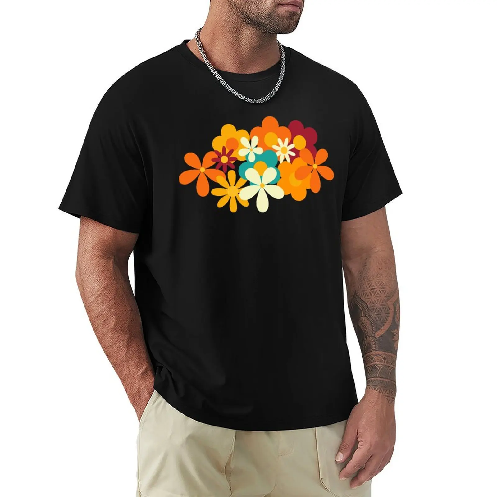 Retro 70s Classic Colors Flower Power Seamless Repeat Pattern Print T-Shirt Work Outdoor Short Sleeve Tee