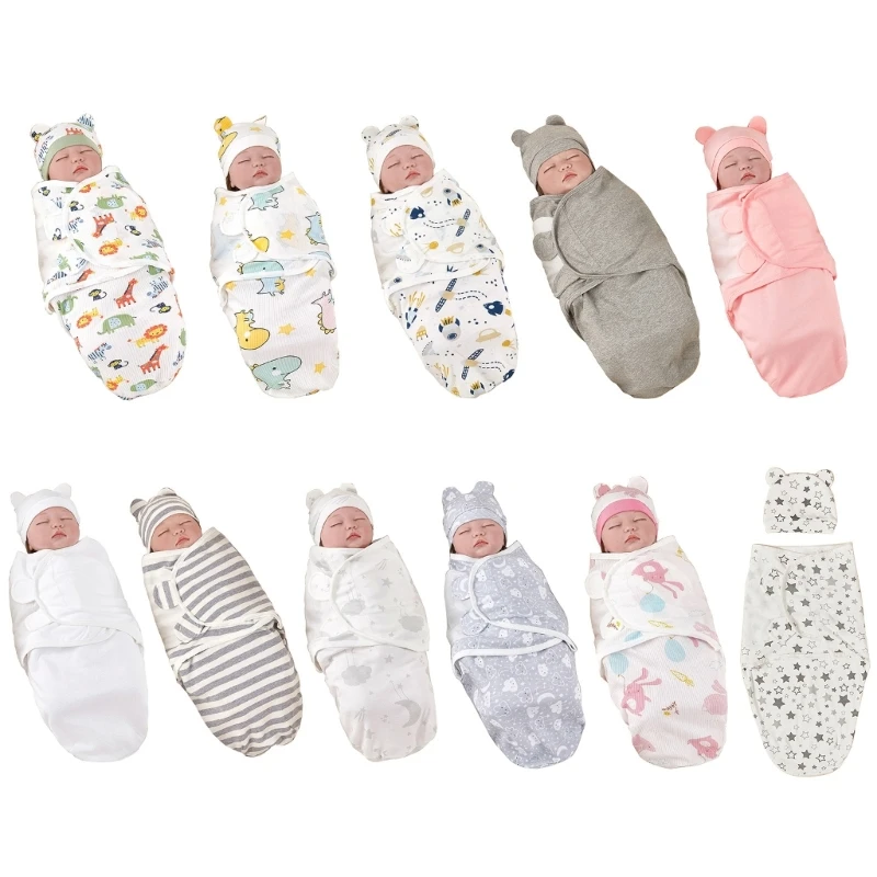 Anti-kick Cotton Baby Blanket Set with Matching Hat Soft Breathable Sleepsack 0-3 Months Newborns Wrap Towel & Bonnet