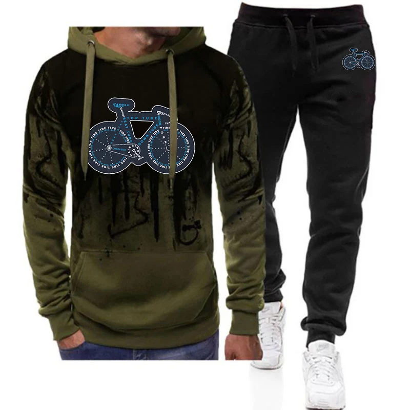 Bicycle Anatomy Shirt Cute Cycling Is Life Print Men's New Gradient Color Casual Set Spring Autumn Sportswear Long Pants Suit