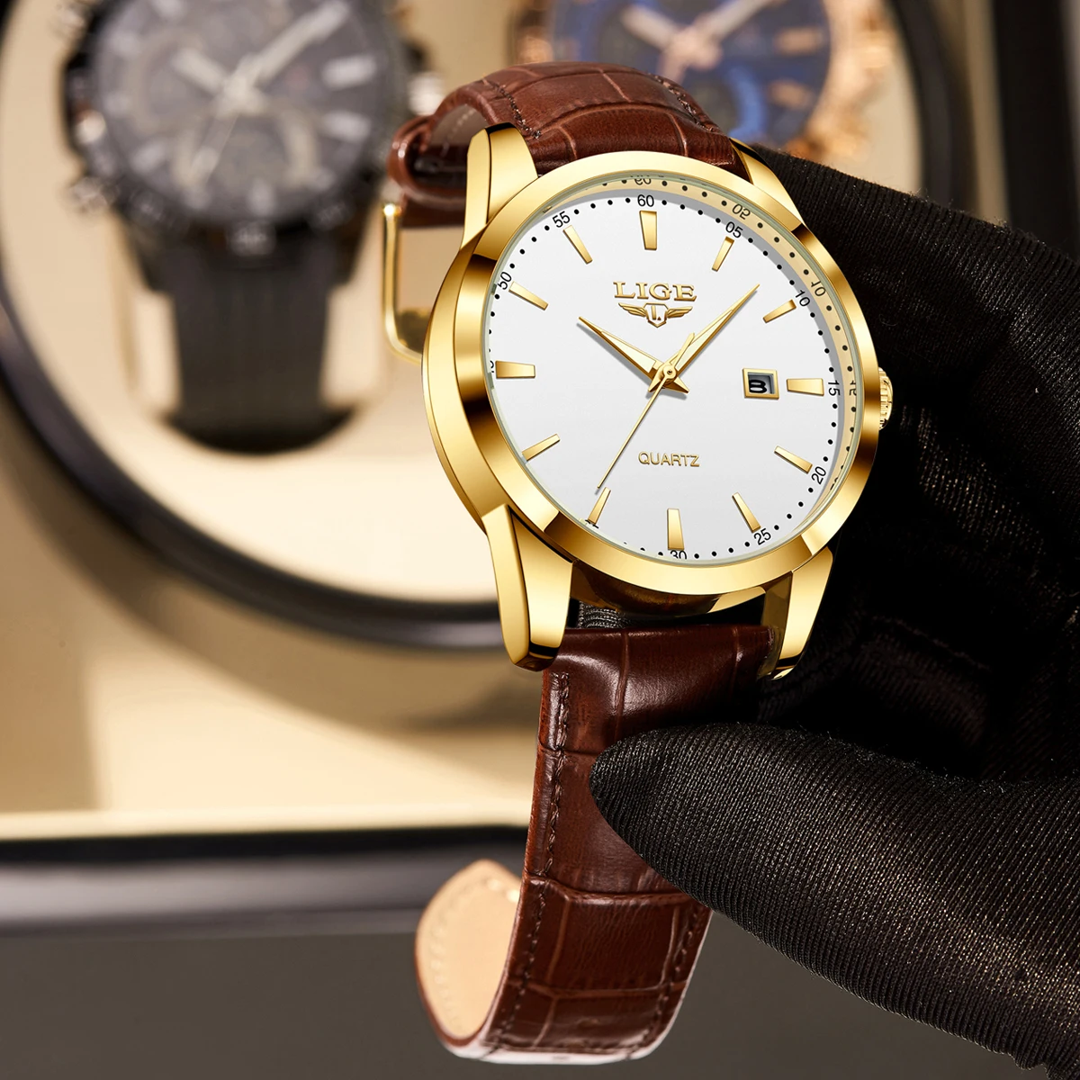 LIGE Fashion Simple Quartz Watches for Men Brown Leather Strap Military Casual Sports Man Wristwatch Waterproof Date Chronograph