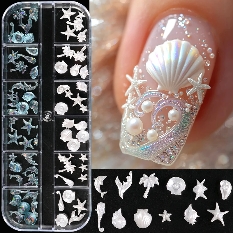12 Grids Y2K Summer Beach Nail Charms Set Elegant White Aurora Seashell Starfish Coconut Tree Mermaid Tail 3D Nail Art Decor