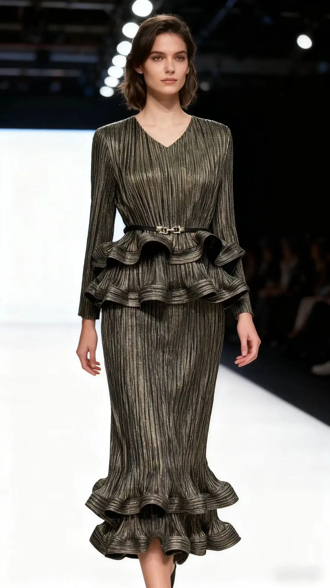 Miyake 2025 Autumn Winter New Bronzing V-neck Fashion Two-piece Set Elegant Temperament Waist and Thin Two-piece Set for Women image 3