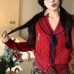 Christmas Red Vintage Sweaters Autumn Winter Korean Stylish Drawstring Bow Women's Clothing Chic Sailor Collar Knitted Cardigan