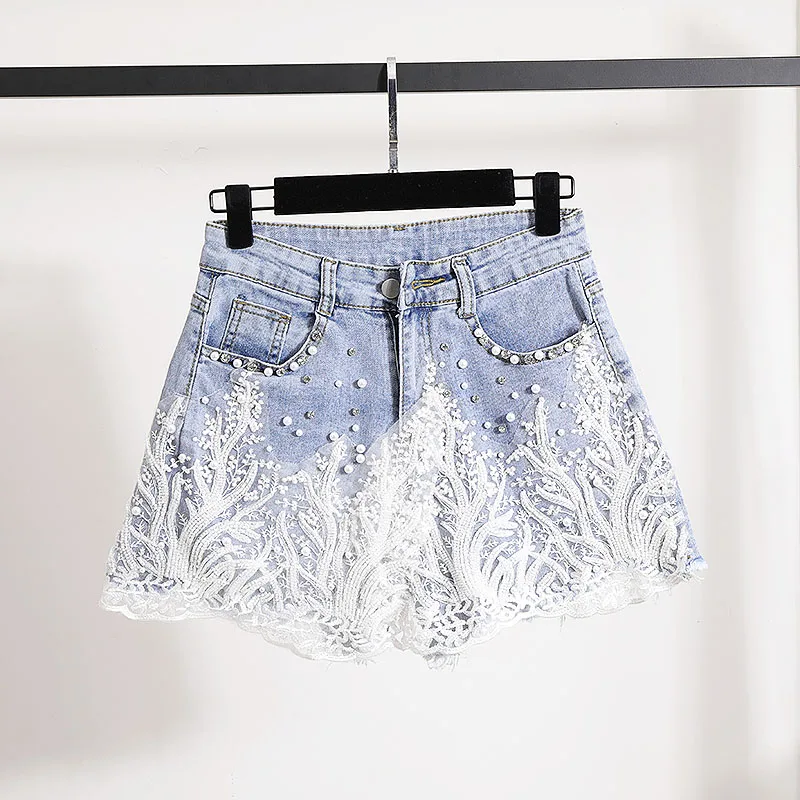 

Nail Bead Raw Edge Denim Shorts For Women 2025 Summer New High Waisted All-matched Wide Leg Pants Street Trend Jean Hot Pants