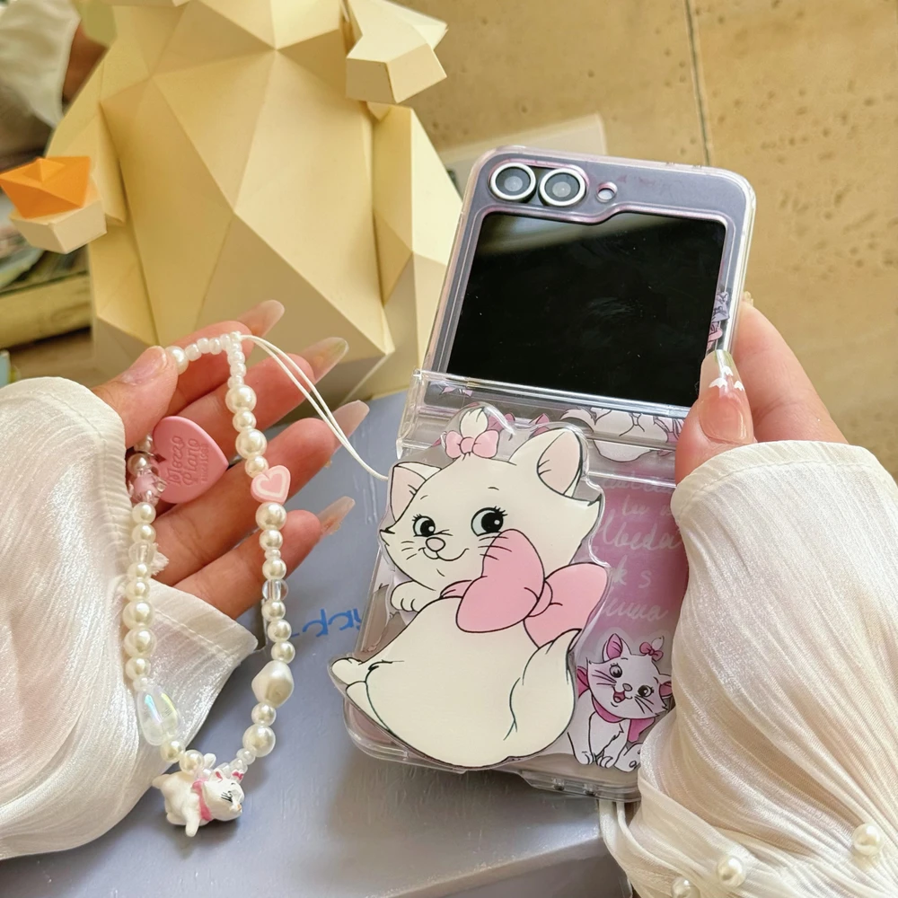 حامل حامل لطيف الكرتون ديزني ماري القط قضية الهاتف لسامسونج غالاكسي Z فليب 7 6 5 4 3 حافظة صلبة من البولي يوريثان مع الحبل