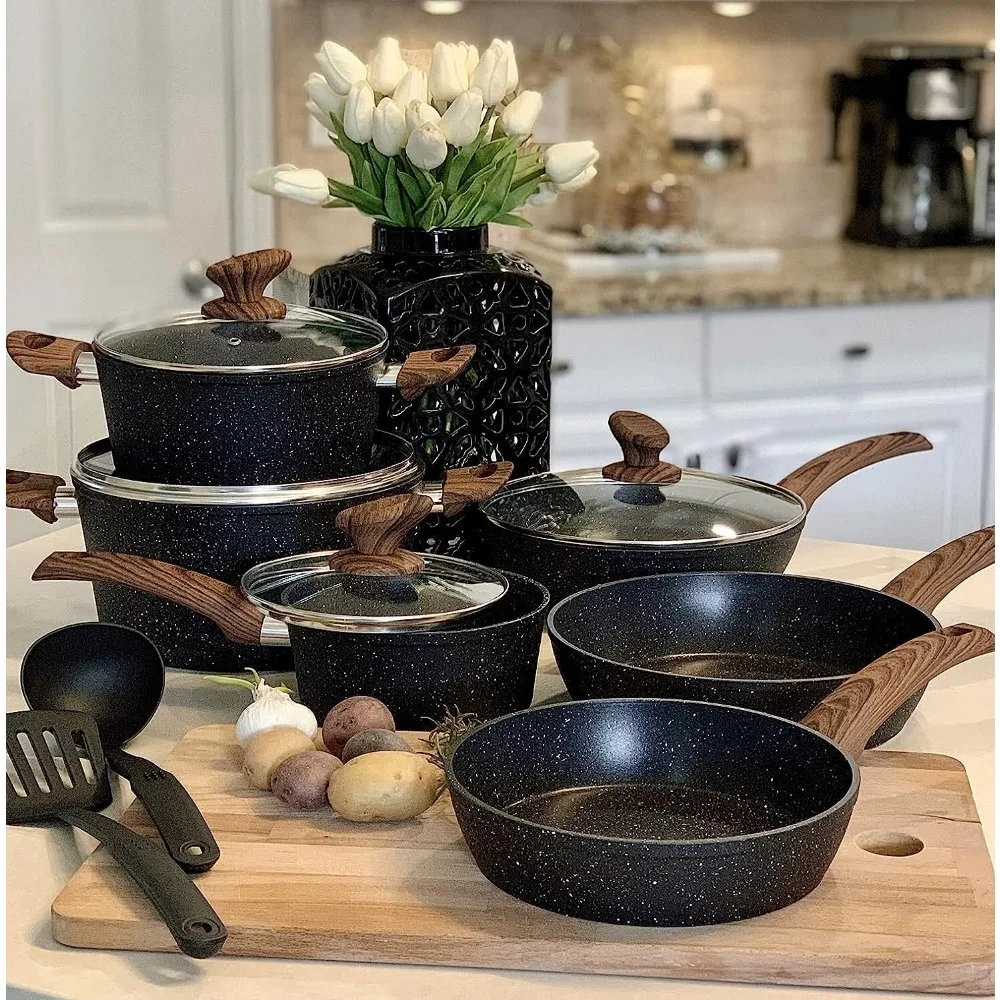 

12 Pieces Kitchen Pots & Pans Set Nonstick Cookware Set Granite Coated w/ Lid