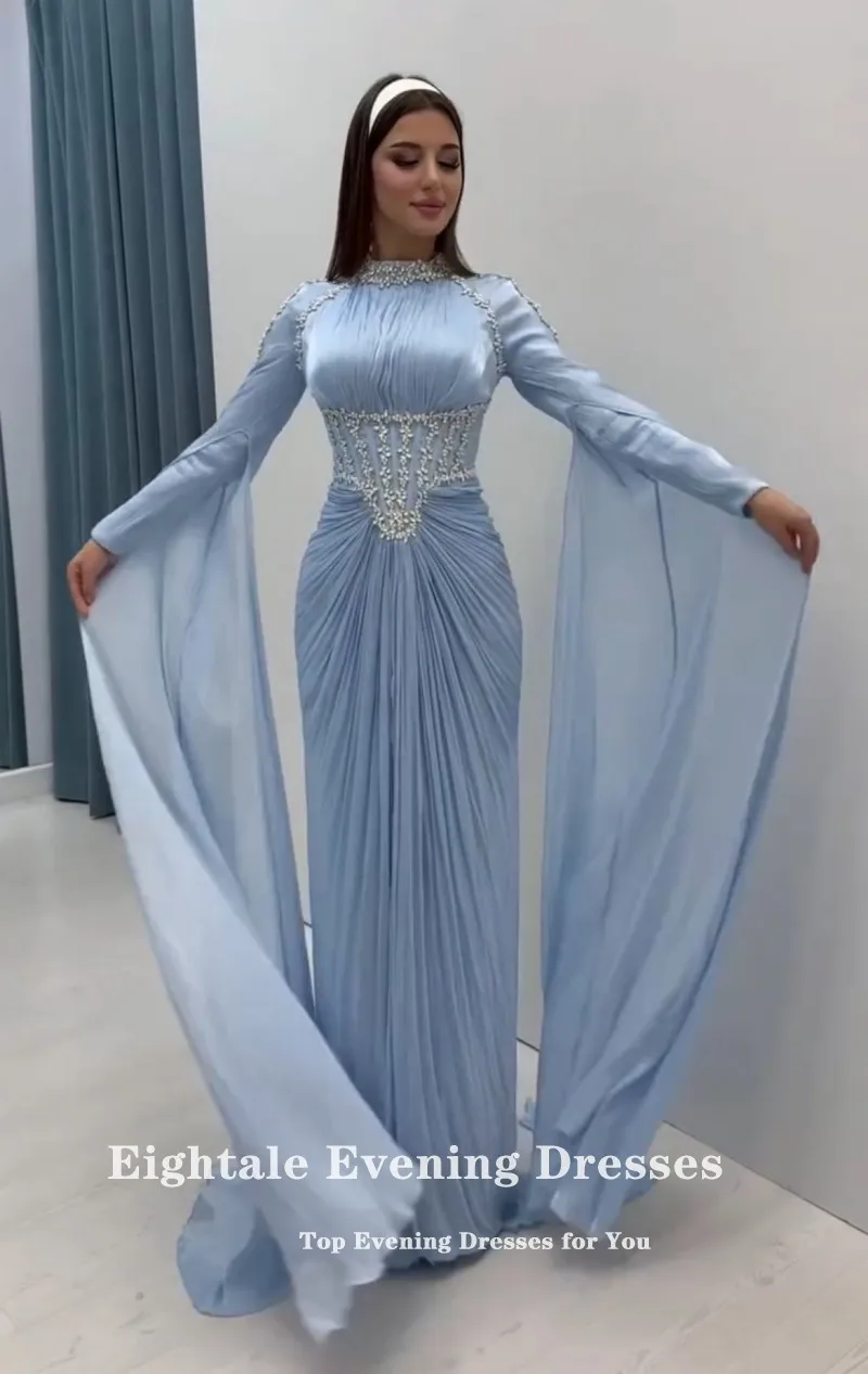 Eightale Arabic Evening Dress High Neck Crepe Customized Muslim Light Blue Beaded Rhinestones Prom Wedding Party Gown