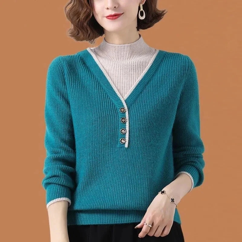 

Middle-aged Womens Sweater Pullover Autumn Winter Female Fake Two Pieces Knitted Sweater Half Turtleneck Mother Bottoming Shirt