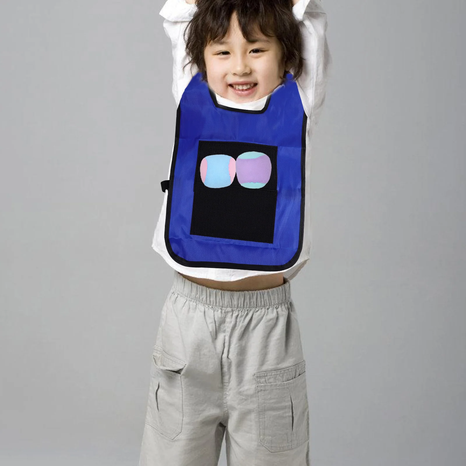 

Small Blue Kids Sticky Ball Vest Premium Nylon Adhesive Front Surface Quick Put on Sports Training Viscous Jersey