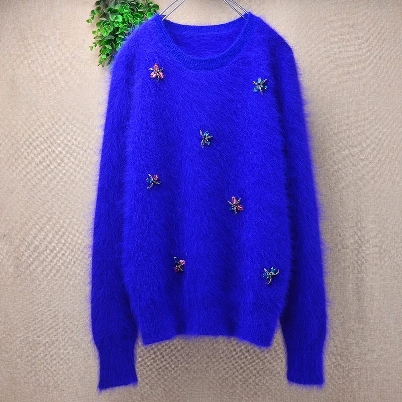 Ladies Women Autumn Winter Fashion Beading Hairy Mink Cashmere Knitted O-Neck Long Sleeves Loose Pullover Sweater Jumper Pull