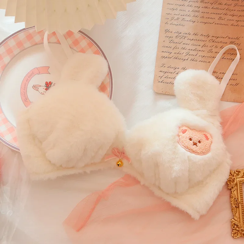 Ropa interior de felpa japonesa para niña, lindo Oso de felpa, sujetador Lolita inalámbrico, sujetador cálido de invierno, conjunto de lencería de realce y bragas, Bralette