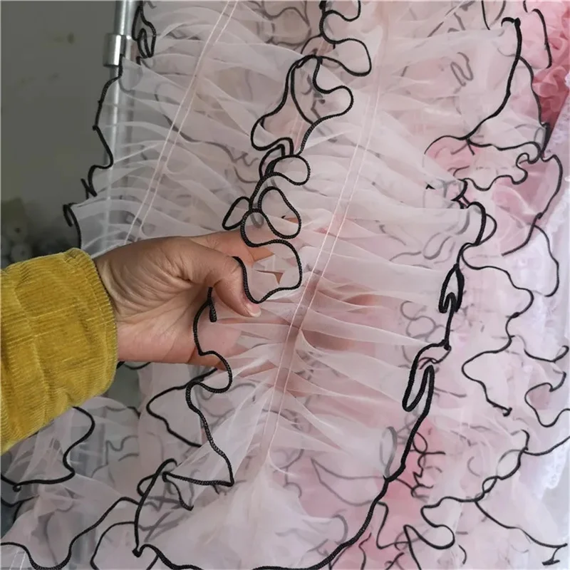 15CM Wide Luxury Tulle Pink Organza 3d Flowers Lace Guipure Ruffle Trim Embroidery Ribbon Wedding Dress Collar DIY Sewing Decor