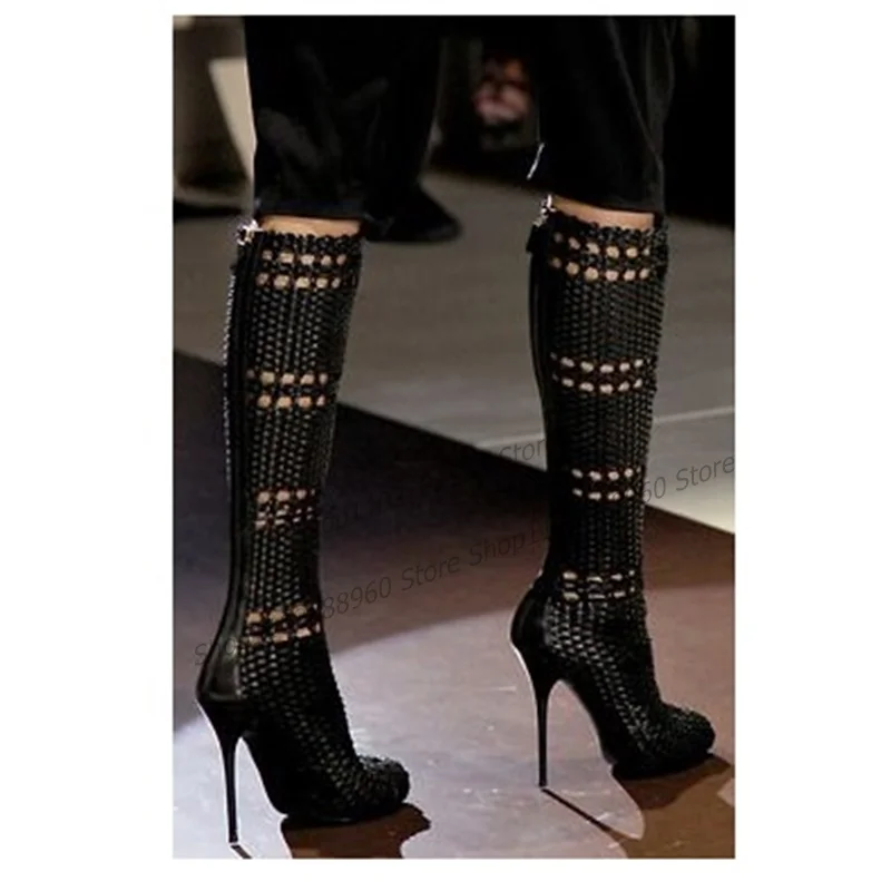 Knee High Black Hollow Weave Sandals Boots Stilettos High Heel Women Shoes Back Zipper Peep Toe 2023 Fashion Zapatos Para Mujere