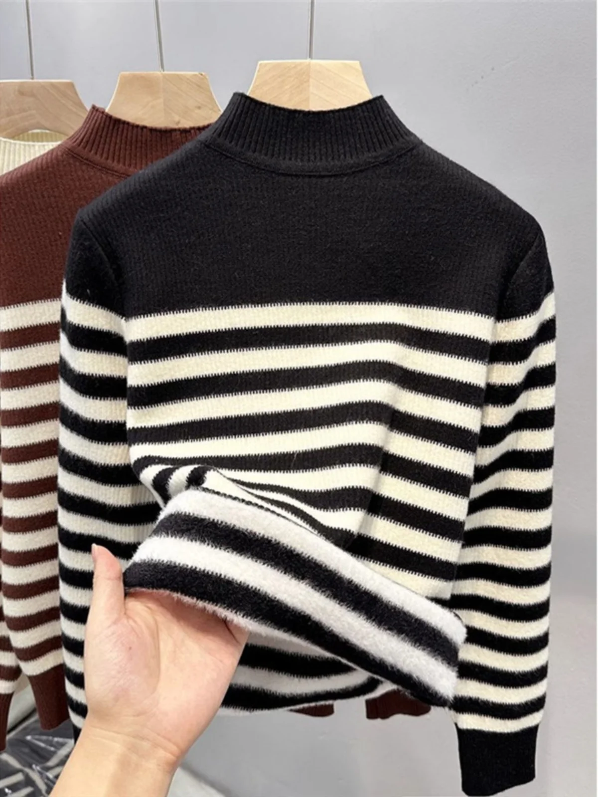 Thiened Fce Suéter de malha feminino outono inverno alta qualidade base de veludo intercada irt roupa interna 2024 novo sle