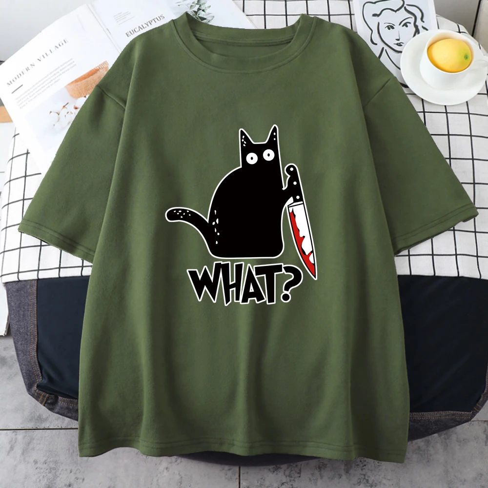 Funny Knife Cat Cartoon Printed T-Shirt Men Street Casual Short Sleeves Loose Oversized Cotton Tshirt Summer Breathable Tees