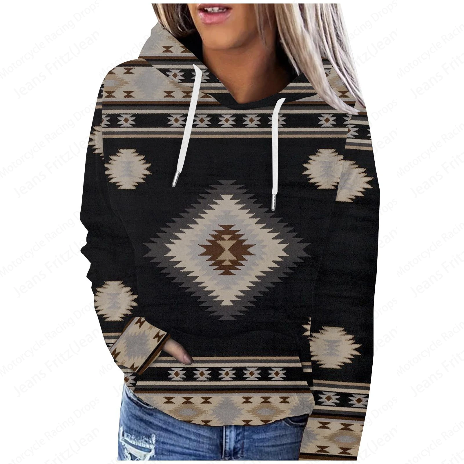 Vintage Geometric 3d Print Hoodie Women Fashion Oversized Graphic Hoodies Women Sweats Ethnic Coat Loose Sweatshirt Pullover