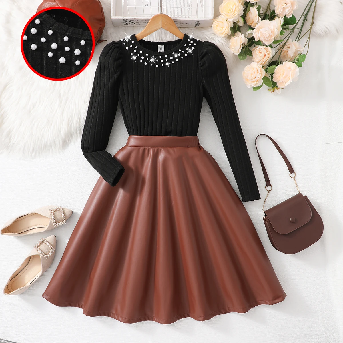 Beaded round neck princess long sleeve shirt and pu half skirt set Elegant and formal half leatherskirt set forchildren aged8-12