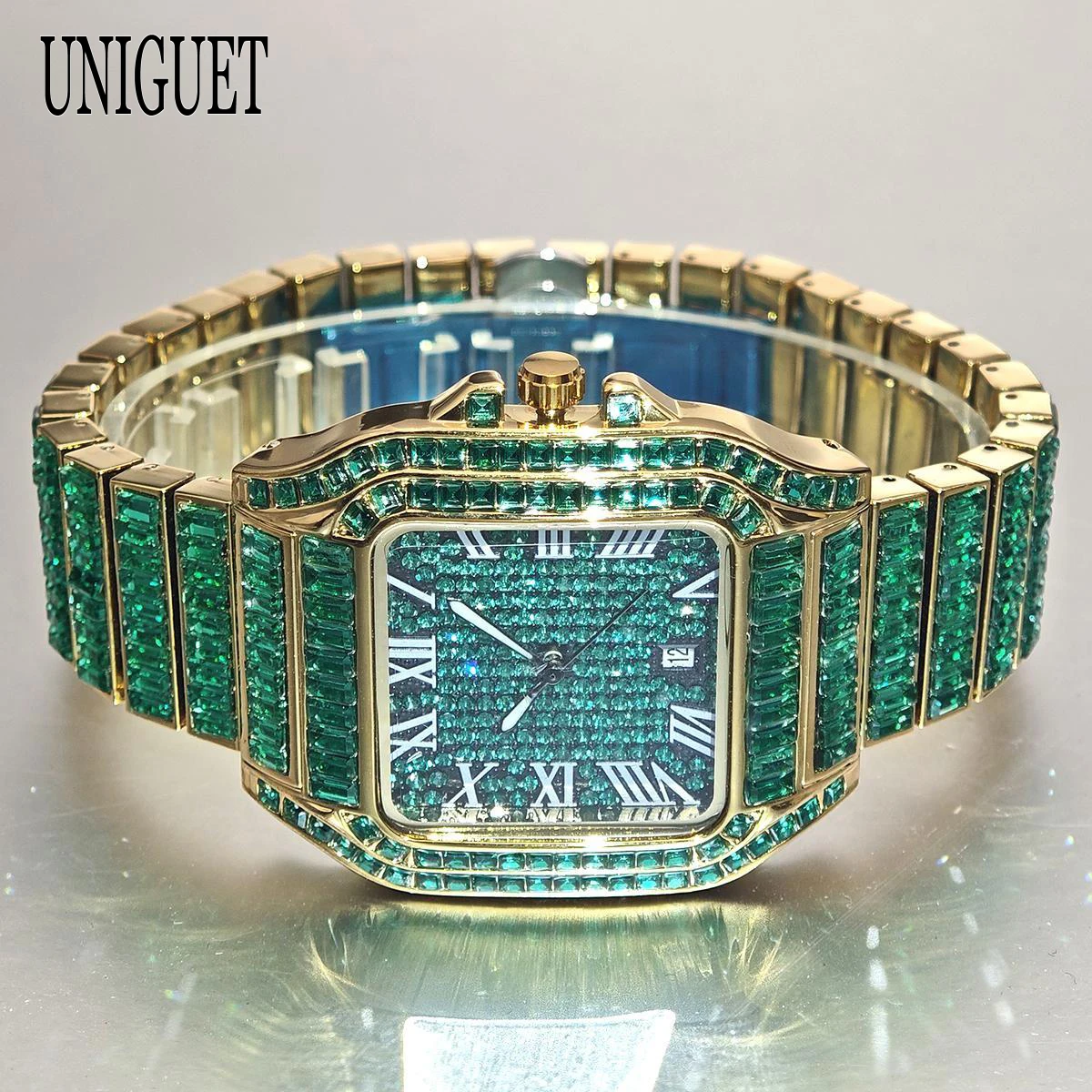 Rectangle Daimond Watches Men Fashion Brand UNIGUET Luxury Steel High Quality Green Watch Hip Hop Bling Jewelry Clock Mans Gift