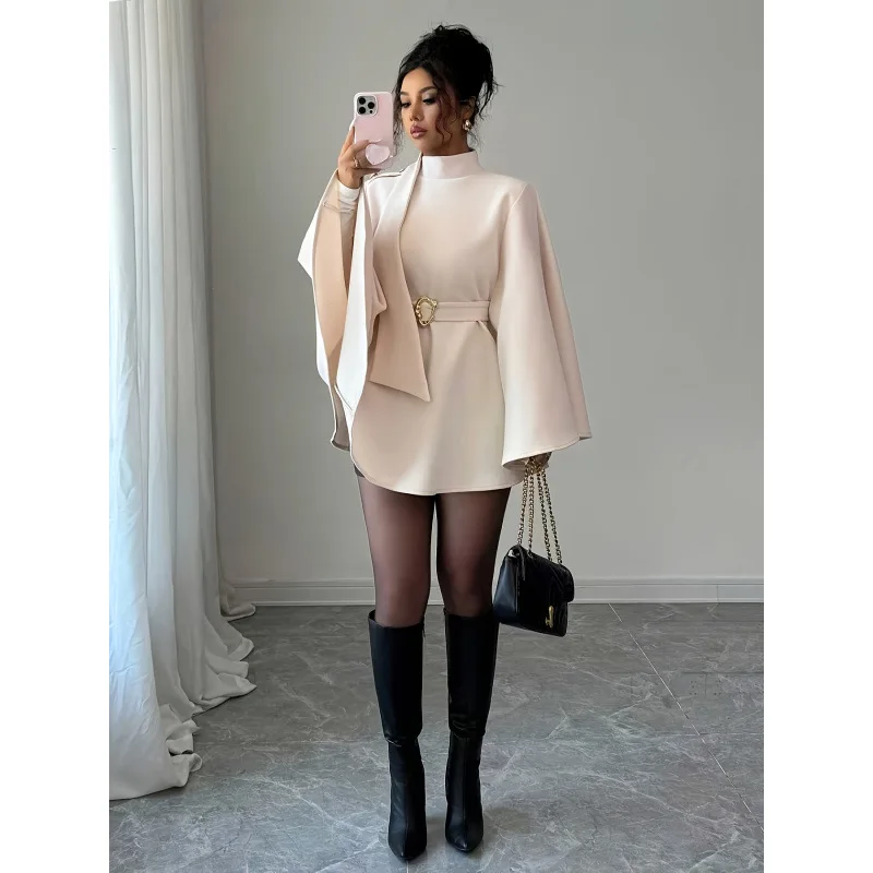 Women's New Autumn/Winter Fashionable Elegant Stand Collar Waist-Cinching Bell Sleeve Solid Color Cape-Style Woolen Coat