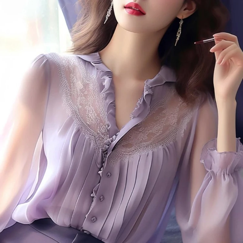 2024 New Spring and Autumn Fashion Elegant Long Sleeved Chiffon Blouses Pullover Solid Color V-neck Button Women's Shirt Top