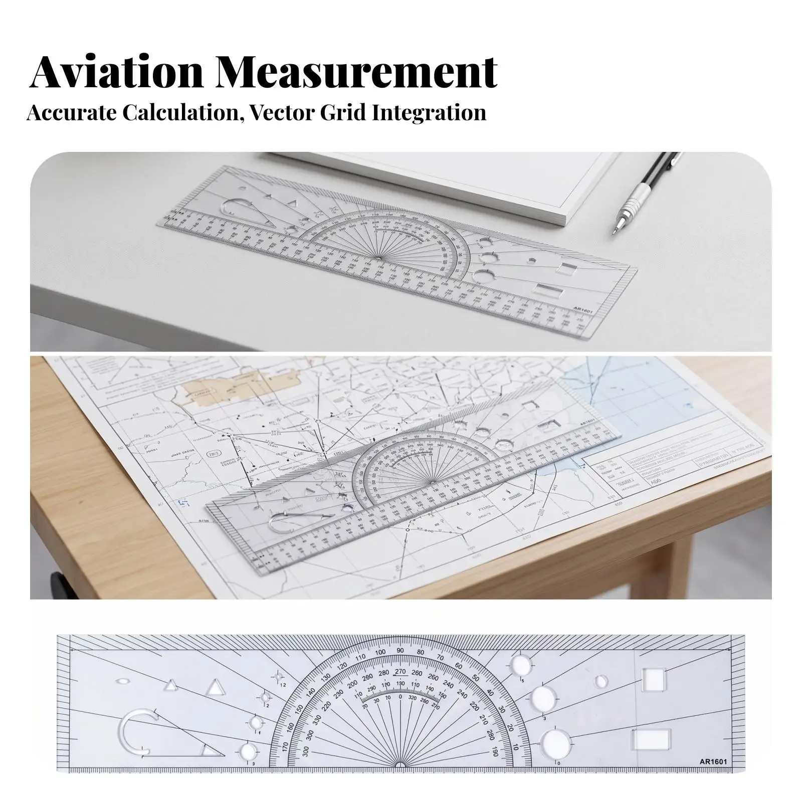 Pilot Navigation Ruler with Rectangular Body and Semicircular Angle Section for Aviation Charting Measuring Ruler