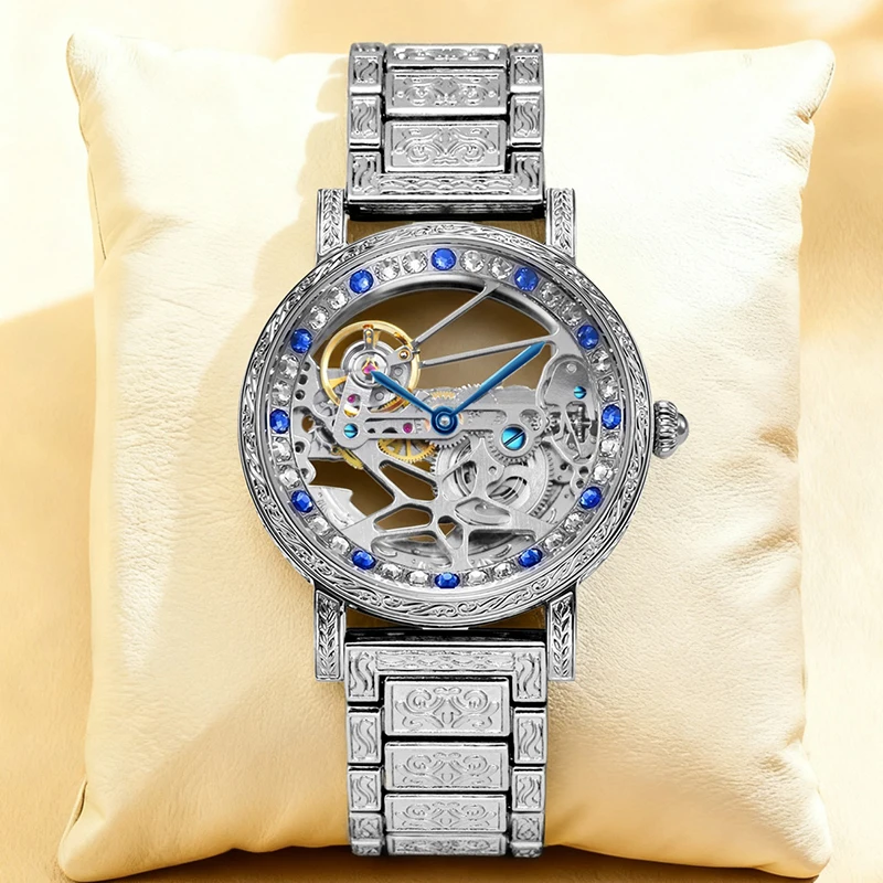 

Мужские серебряные стальные полоски, модные и элегантные двусторонние полые полностью автоматические механические часы в виде морской звезды