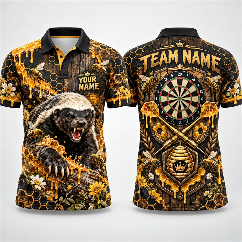 Personalized Team Darts Polo for Men Custom Name Axolotl Flamingo Polar Bear Honey Bear Owl Graphic Short Sleeve Sports Jersey