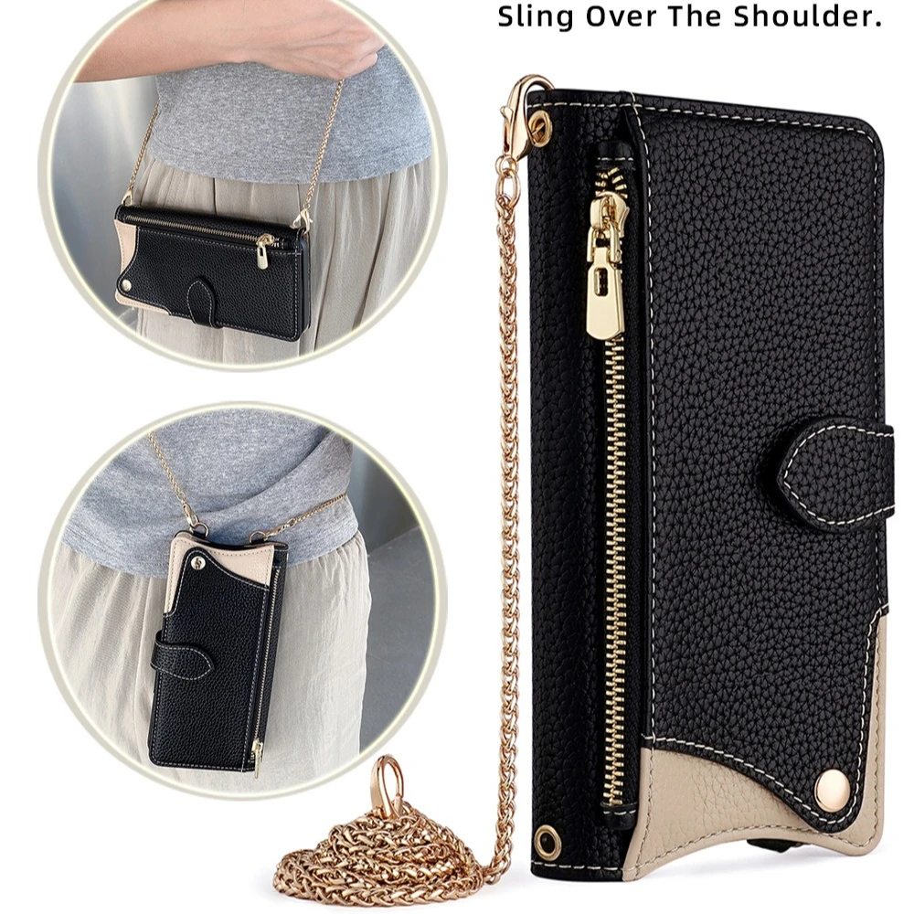 

Съемный кожаный чехол для телефона с металлической цепочкой для VIVO X200 Pro X100s X90 Pro Plus с косметическим зеркалом, противоударный дизайн с застежкой на кнопку