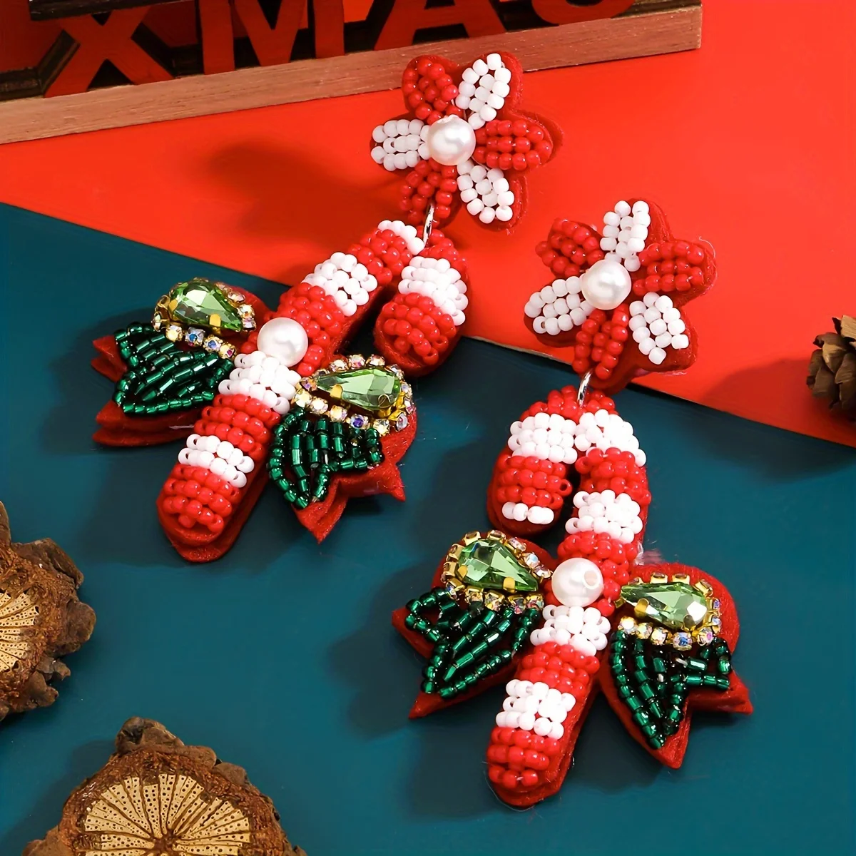 أقراط فيداواس لعيد الميلاد وحبات الأرز وحجر الراين وحلوى القصب للنساء ، قوس زهور مطرز أنيق جميل ، إكسسوارات حفلات المهرجان