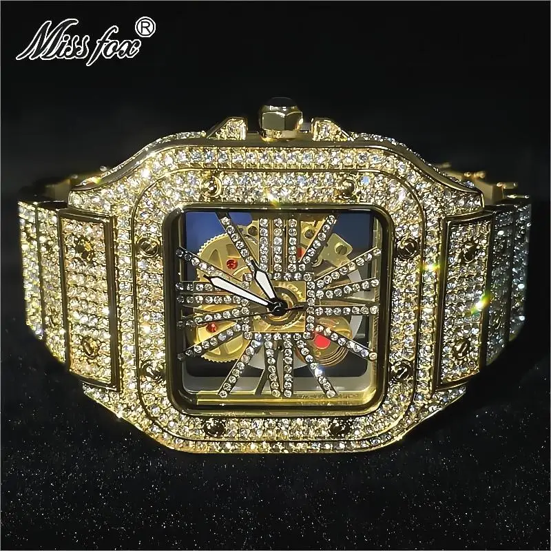 MISSFOX Luxury Men's Gold Watches Hip Hop Iced Diamond Square Quartz WristWatch Fashion Hollow AAA Waterproof Clocks Mans Reloj