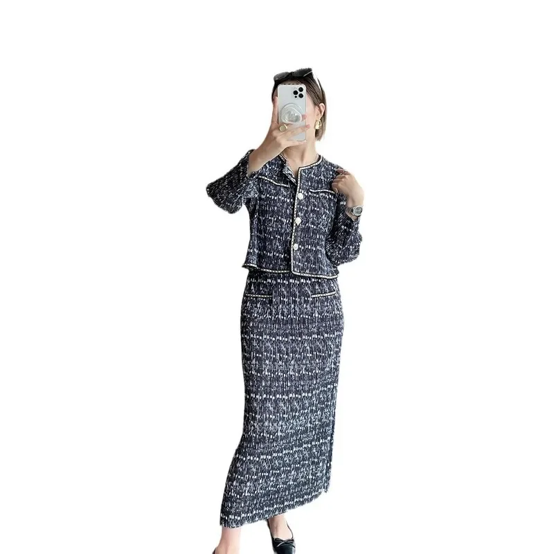Miyake Pleated Printed Suit Round Neck Single Breasted Short Jacket+skirt 2-piece Set Elegant Holiday Party Women\'s Clothing