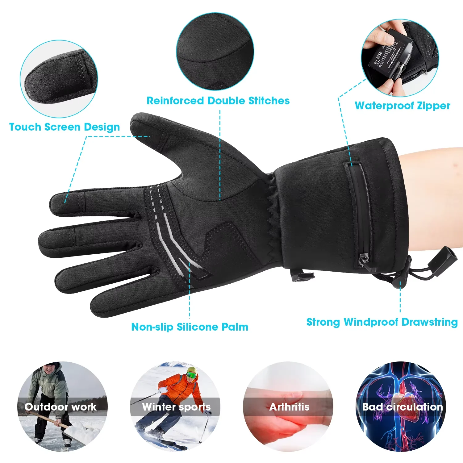 Hand Warmer Battery Heating Gloves Men's Rechargeable Winter Mittens Electric Heating Ski Gloves