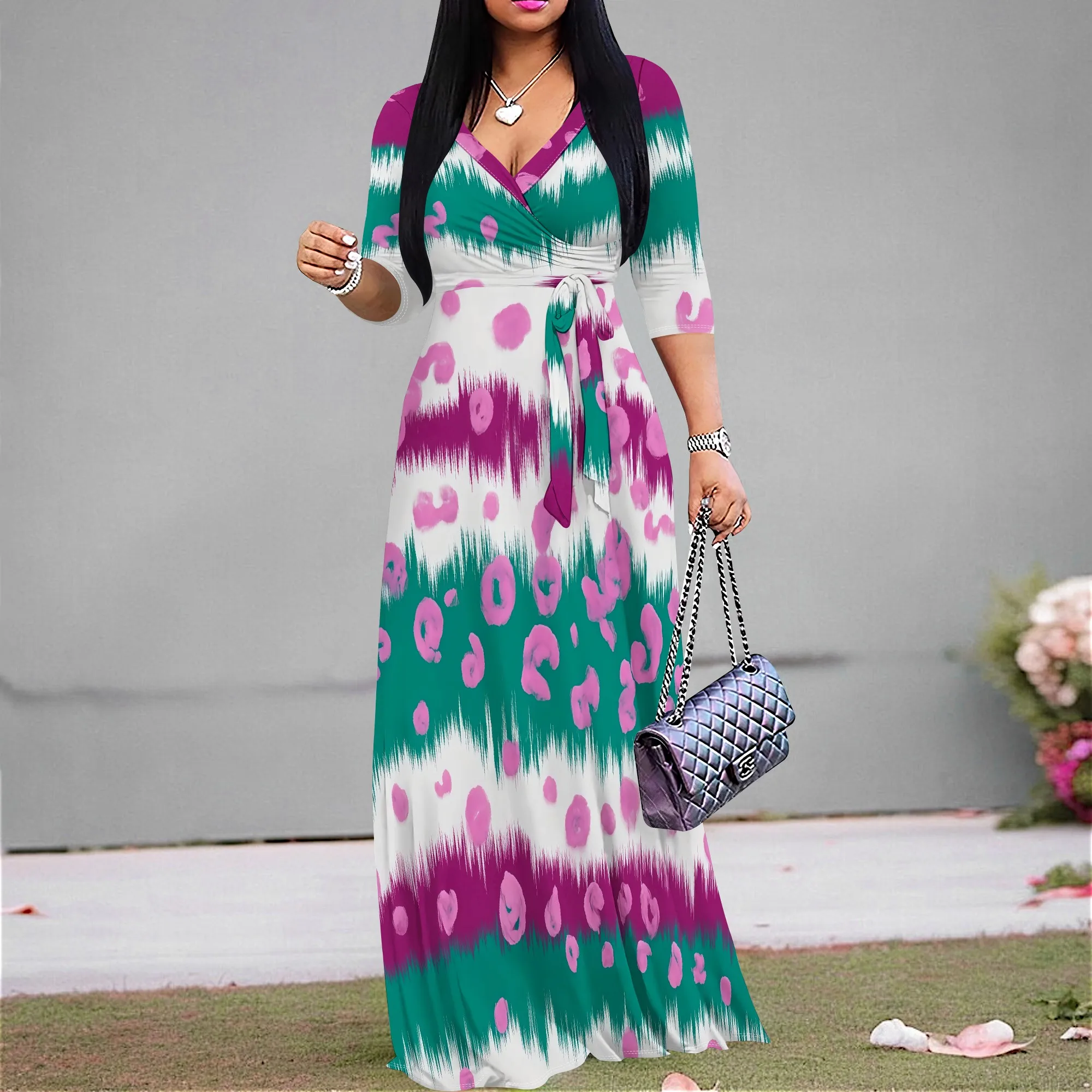 

Women's Tie Dye Maxi Dress XS-3XL V Neck Belted Waist Long Sleeve Boho Beach Party Holiday Vacation Summer Outfit
