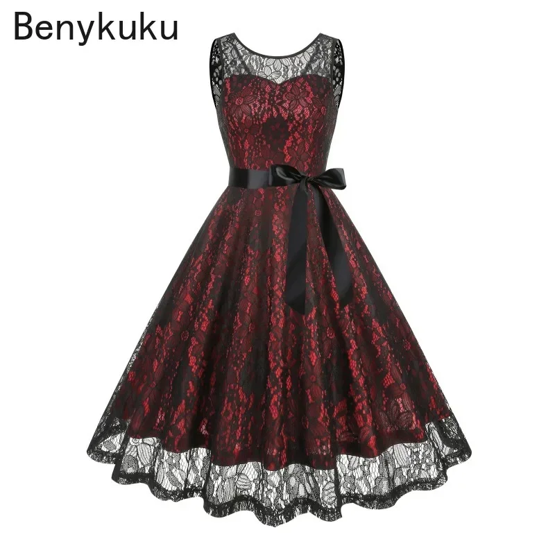 

Black Lace Round Neck 50s Vintage Halloween Dress Sweetheart Women Clothes Robe Sleeveless Belted Cocktail Party Birthday Dress