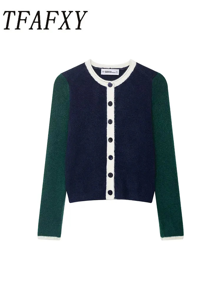 

TFAFXY женский осенний вязаный кардиган 2025 года, контрастный свитер с круглым вырезом и длинными рукавами на пуговицах, повседневная уличная одежда