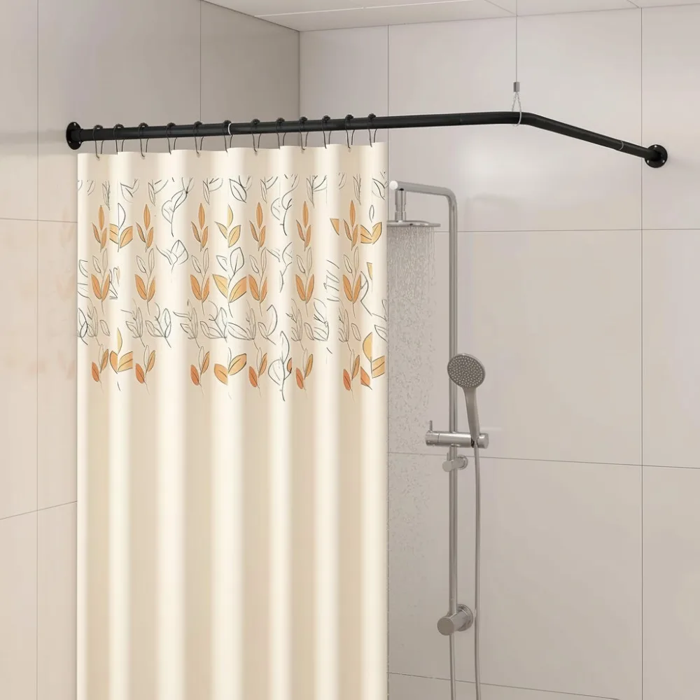

L-Shaped Corner Shower Curtain Rod Adjustable 90° Square Rail No Sag with Hooks & Ceiling Support - Black