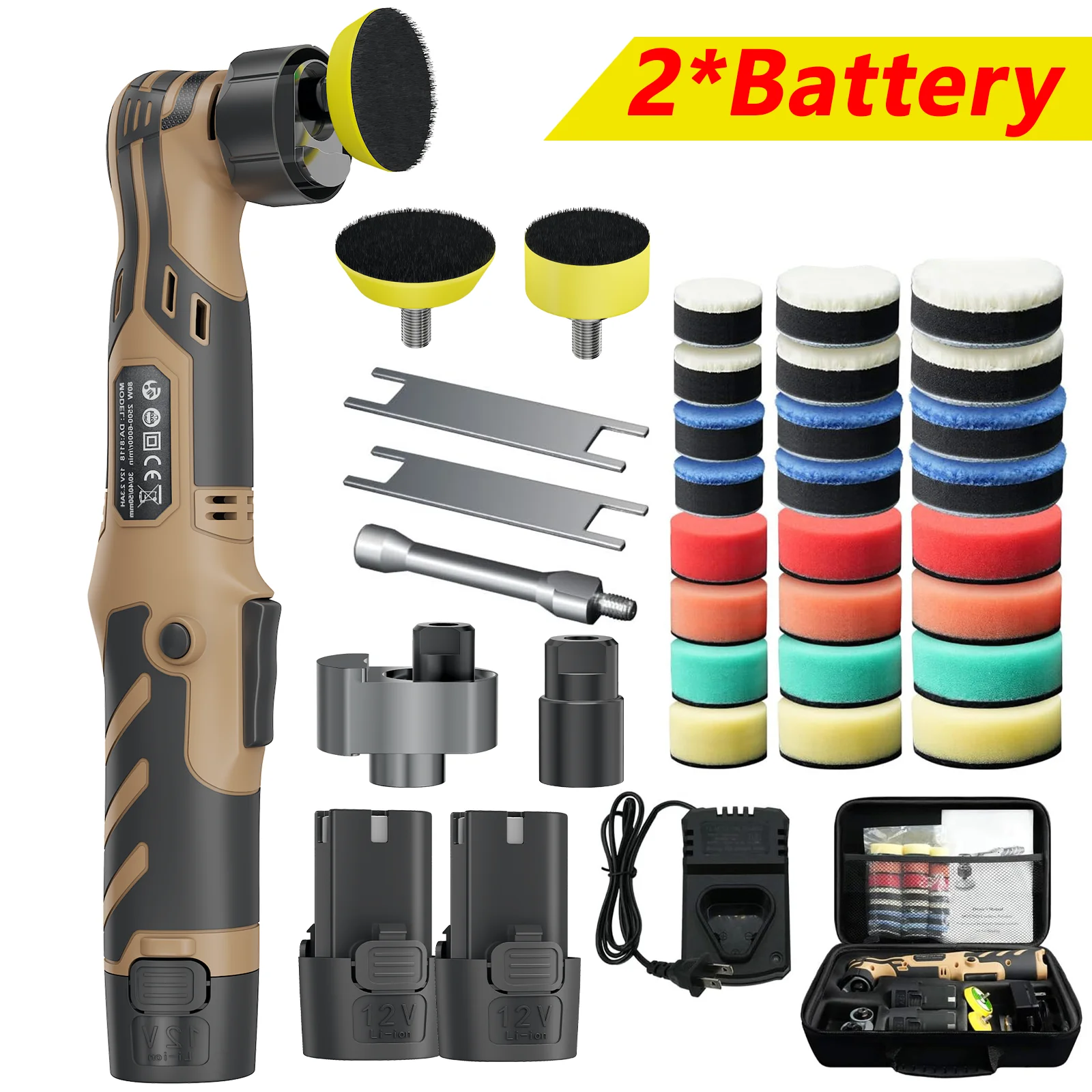 6-Gang Akku-Mini-Autopolierer 12V, speziell für Autopflege & Wachsen, 1/1,5/2 Zoll Polierpad-Set mit 2 x 2,3Ah Akkus