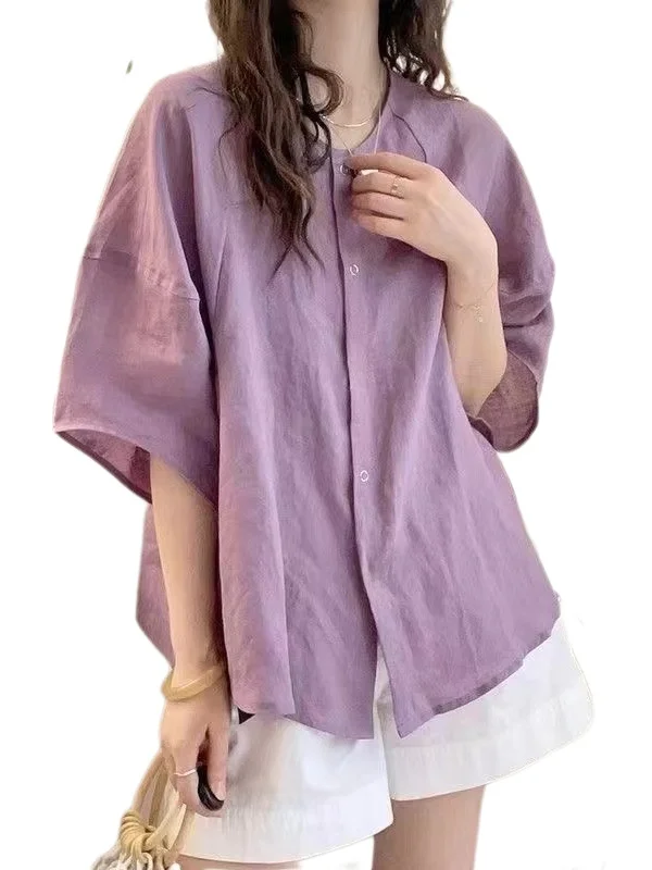 Japanese Sle Artistic Linen ort Sve irt Women's Summer Versatile Loose Casual round Ne Lightweight Cotton Linen Ca...