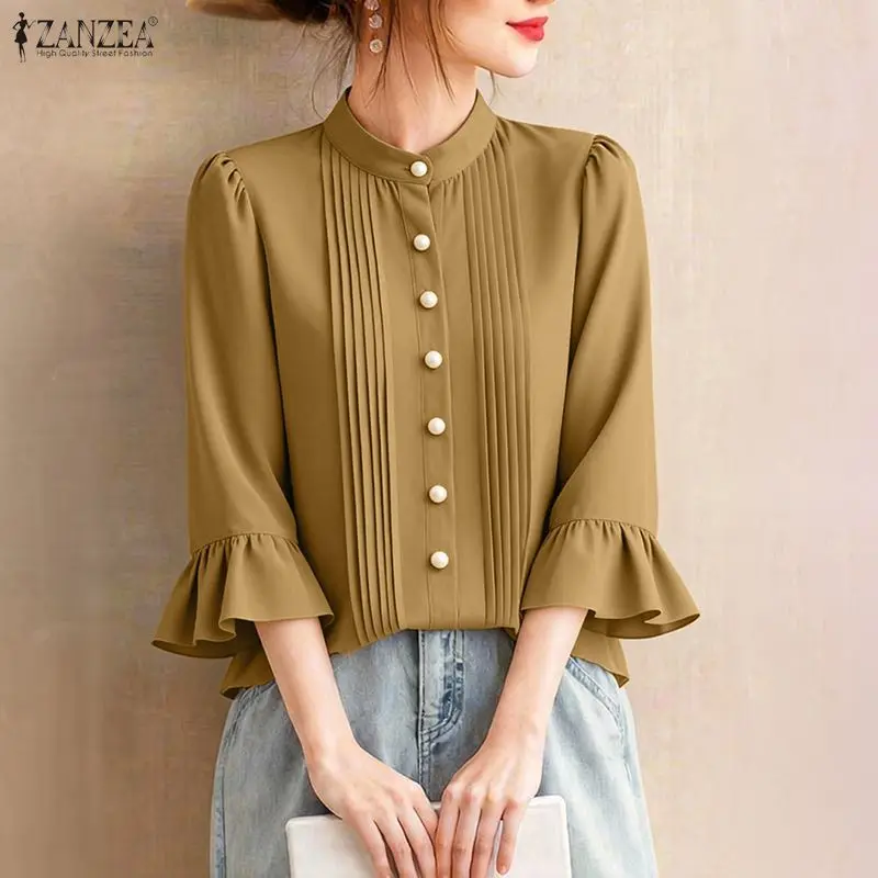 

2026 Summer Office Shirt ZANZEA Women Elegant 3/4 Sleeve Work Blouse Stand Neck Pleated Blusas Female OL Work Tops Tunic Mujer