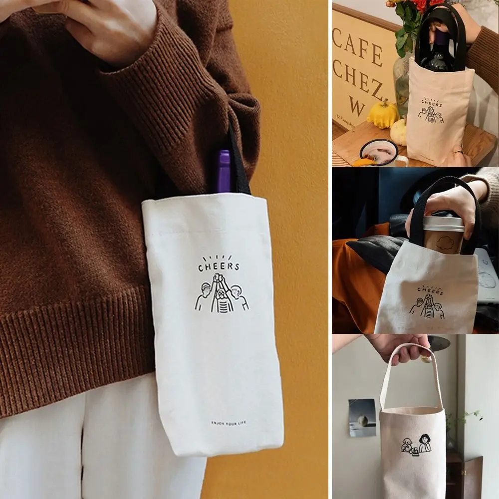 Reusable Canvas Milk Tea Tote Bag Carrying Traveling Handheld Bag Cup Holder