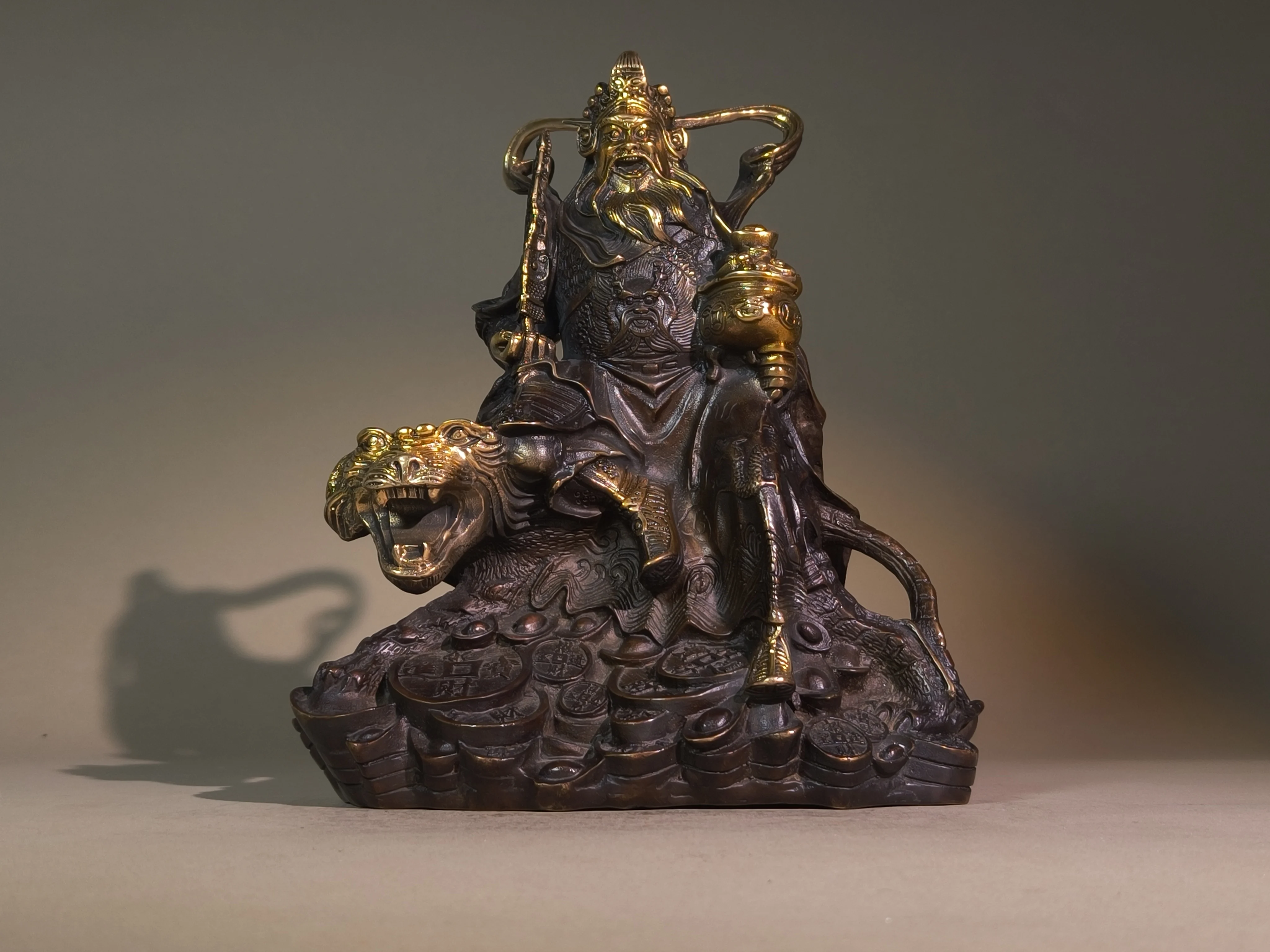 Vintage Gilt Bronze Statue of Zhao Gongming, God of Wealth (Martial God of Wealth) – Desktop Ornament for Home & Office Worship,