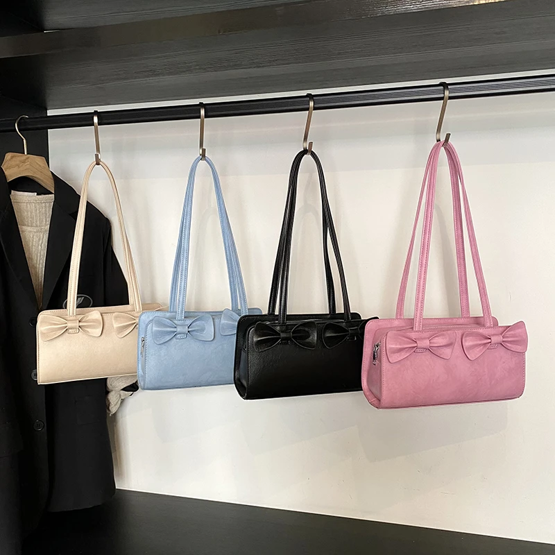 

Fashion Elegant Female Pink Shoulder Bag Cute Bowknot Leather Ladies Underarm Bag Korean Small Handbag Purse Tote Bag for Women