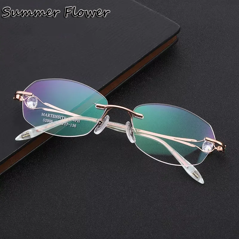 Diamond Prescription Glasses Women Rimless Eyeglasses Frames Classic Design Graduation Lenses Myopia Optical Recipe Spectacles