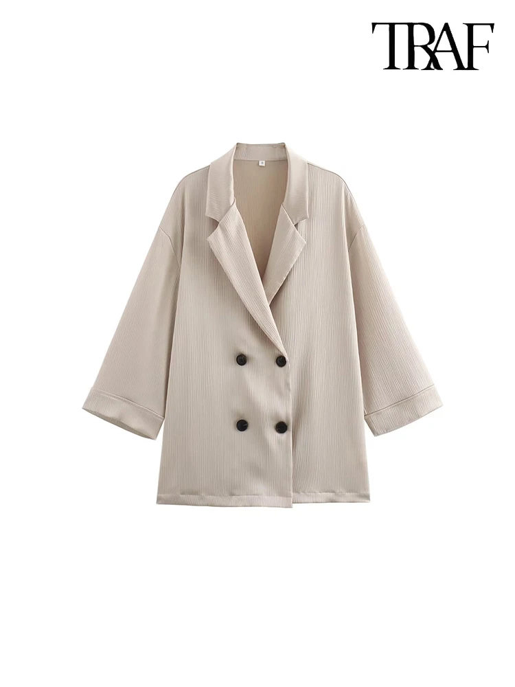 TRAF Women Temperament Commuter Style Casual Suit Double Breasted Lapel Long Sleeve Jacket High Waist Pleated Wide Leg Pants Suit Two Piece Urban