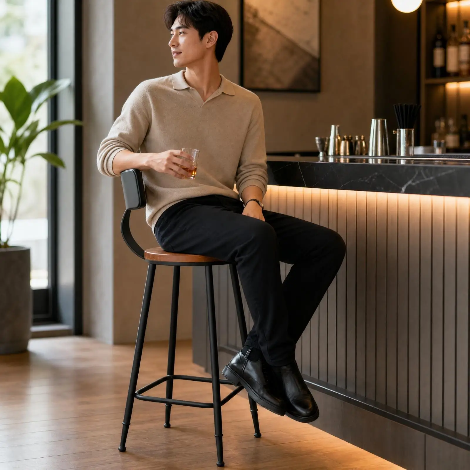 Comfortable High Back Counter Stool Solid Wood Top Metal Legs with Foot Ring for Kitchen Island Bar