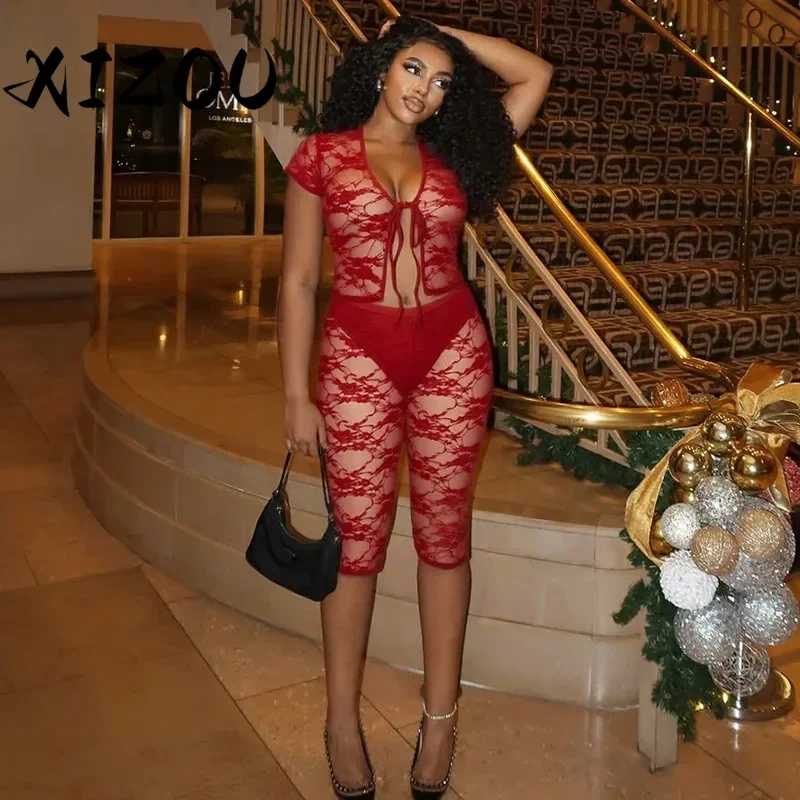 

XIZOU Sexy Lace Patchwork Two Piece Outfits Woman See Through Short Sleeve Lace Up Crop Tops + Leggings Shorts Clubwear Sets